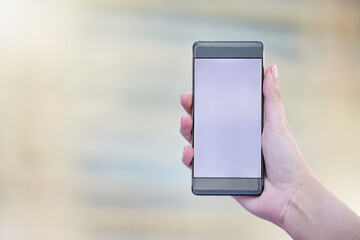 Wall Mural - business person, hands and smartphone screen or display for advertising, mockup and online branding.