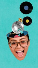 Wall Mural - Stop motion, animation. Creative design. Cheerful young woman with musical instruments inside head symbolizing music and party lifestyle. Concept of surrealism, creativity, imagination, thoughts