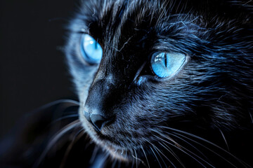 Side profile of a black cat with piercing blue eyes, highlighting its fur texture and sharp features.