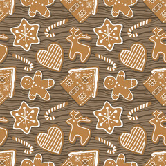 Wall Mural - Christmas Pattern. Seamless Print with Gingerbread Cookies. Gingerbread houses, deer, heart, Gingerbread Man, star. Cute Background. Template. Vector illustration on wooden background