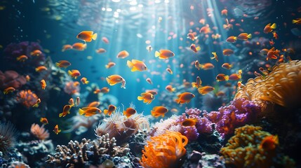 Wall Mural - Vibrant Underwater Coral Reef Scene with Tropical Fish School