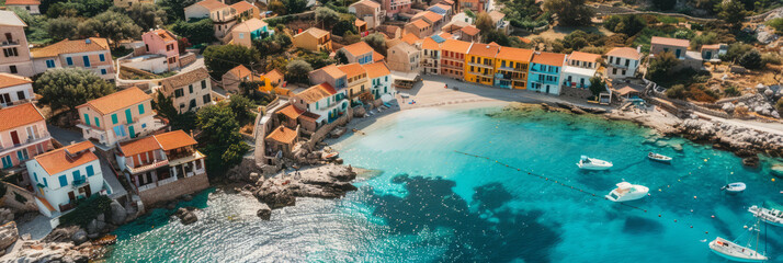 a drone view of a picturesque coastal village with colorful houses and clear blue water