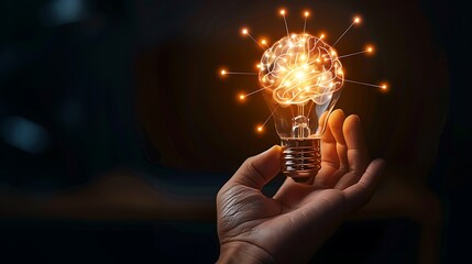 Sticker - Hand man holding illuminated lightbulb idea innovation and inspiration with glowing virtual brain smart intelligent creativity with bulbs Motivation and innovation concept 