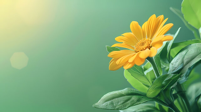 vibrant yellow flower with green leaves set against a soft green background with copy space for texts, isolated flower, floral spring background, world earth day cover banner backdrop 