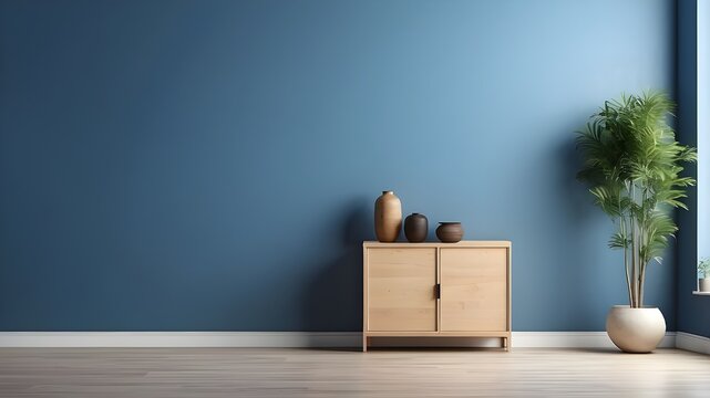 Blue wall, modern, empty room with mockup of cabinet.
