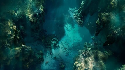 A top-down view of the dark and deep underwater world.