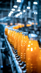 Poster - Vibrant Orange Juice Bottles on Beverage Production Line in Industrial Setting