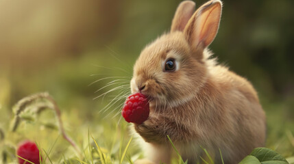 Red rabbit eats a raspberry on the lawn.