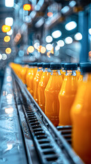 Poster - an active production line in a beverage factory, highlighting bright orange juice bottles against a contrasting cool blue industrial setting.