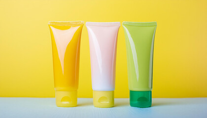 Wall Mural - Mock-up of 3 colorful tubes of shampoo or cream. Organic cosmetics. Body care set, hygiene, beauty