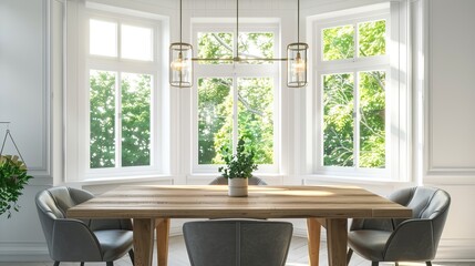 Wall Mural - bright dining room featuring a wooden table, grey leather chairs, and a minimalist light fixture, bathed in natural light from large bay windows