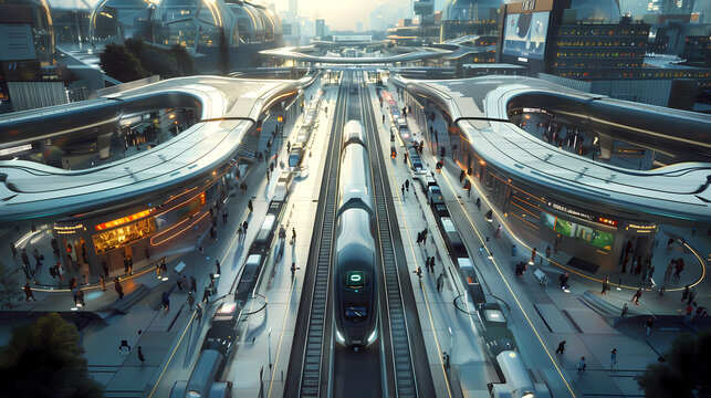 An aerial view of a futuristic transportation hub with robotic trains, buses, and drones, illustrating the advancement of technology in urban mobility.