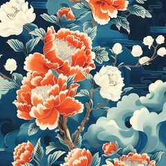 Chinese ikat floral illustration with peony and plum blossoms,