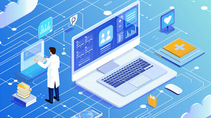Doctor using computer backup data on Cloud Computer technology and storage online for computer backup storage data Internet technology backup online document Illustrations style.