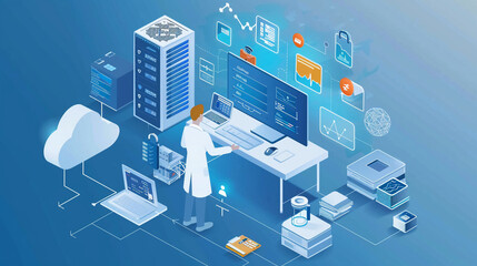 doctor using computer backup data on cloud computer technology and storage online for computer backu
