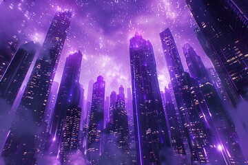 Infuse a sense of mystery and awe into a surreal urban landscape bathed in purple neon lights