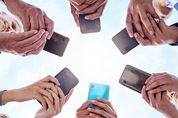 Poster - Mobile, hands and contact us in group with online networking, communication and connection in circle. People below with business meeting outdoor and typing on phone app of news or cloud storage chat