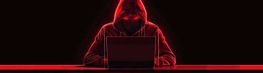 A hacker in a red hoodie sitting at a table with laptops in the style of cyberpunk style with a dark color palette. There is a lock on top of the laptop screen, symbolizing security danger.