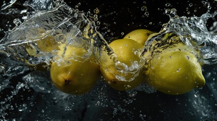 Wall Mural - Lemons dropping into water creating a design spray captured in frozen motion Water splashing with isolated vegetables on a dark background