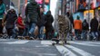 © pimmou - A cat is skateboarding down a busy street in New York City. The cat is wearing a helmet and safety pads.