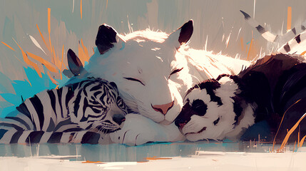Wall Mural - white tiger, panda and zebra are friends on black and white background