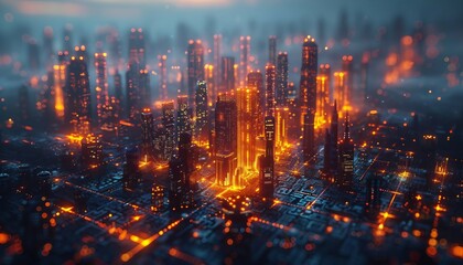 Algorithmic Metropolis, futuristic cityscape where skyscrapers are constructed of algorithms and data flows like traffic