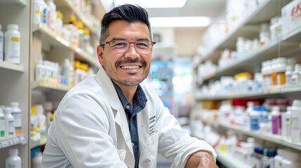 Confident Male Pharmacist in White Lab Coat Smiling at Camera in Bright Pharmacy Setting