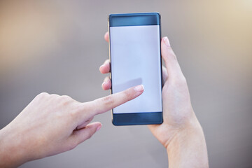 Wall Mural - business person, smartphone and hand scrolling empty screen or display for advertising, mockup and b
