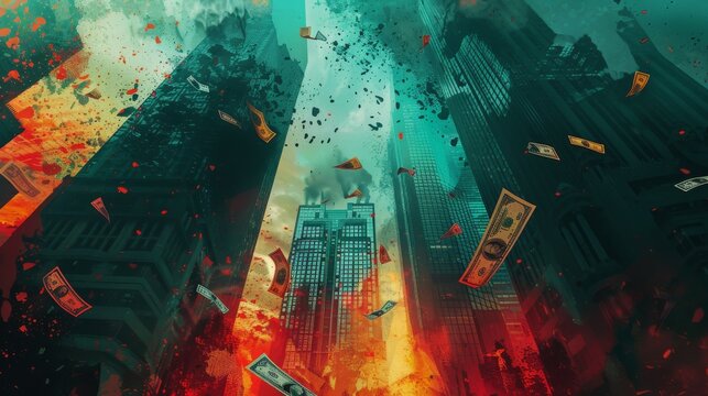 Highrise structures disintegrating with torn banknotes close up, focus on, copy space Bleak cityscape colors Double exposure silhouette with monetary collapse