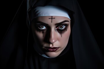 Wall Mural - Possessed Nun on a background with copy space. Nun possessed by the devil. Evil nun. Horror movie concept. Halloween concept with copy space. Portrait of scary devilish nun.	
