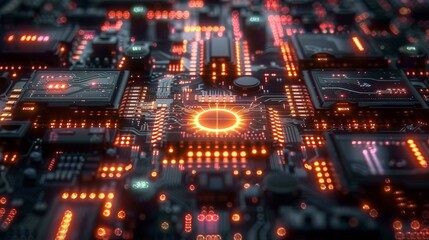 Poster - Detailed view of a computer circuit board showing electrical pathways, chips, and connectors.