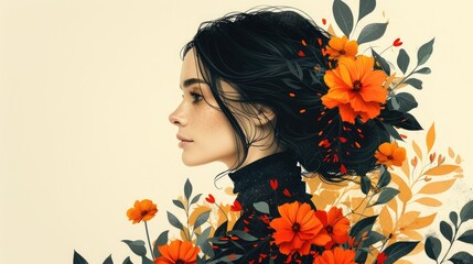 portrait of a woman with dark hair, minimalistic collage with flowers and leaves in a vintage style