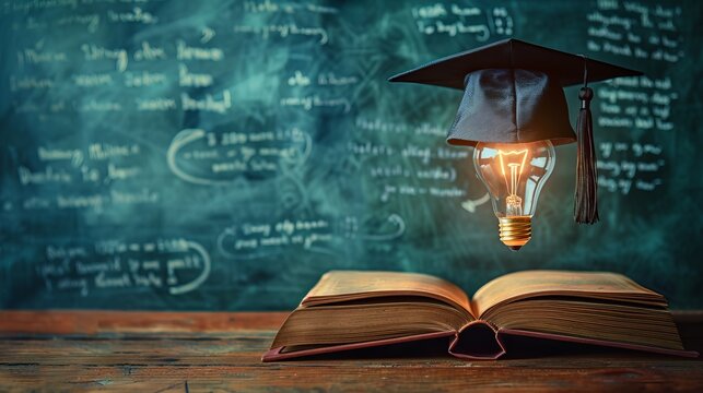 Open book, light bulb, graduation cap, education concept, classroom blackboard background, school and university