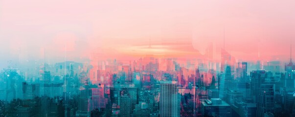 Abstract cityscape with a pink and blue gradient, capturing the essence of urban life and modern architecture at sunset.
