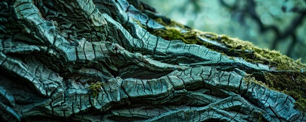 Close-up of ancient tree bark texture with intricate details and moss, highlighting nature's beauty and the complexity of organic patterns.