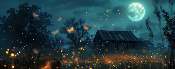Wall Mural - Enchanting night scene with fireflies, a full moon, and an old barn in a serene countryside, creating a magical and peaceful atmosphere in nature.