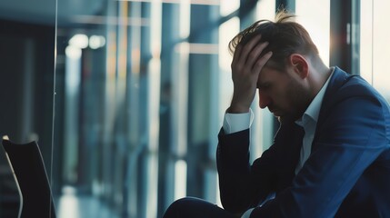 Stressed businessman sitting with head in hand, feeling overwhelmed and anxious in a modern office setting with reflective windows.