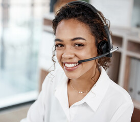 Poster - Portrait, call center and smile of business woman on mic for customer service, support and contact us in Mexico. Face, telemarketing consultant and sales agent on headset at help desk for crm advice