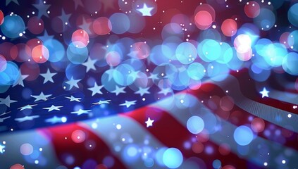 Poster - american flag background, with white stars and stripes, with blue bokeh lights in the backgrounnd Generative AI