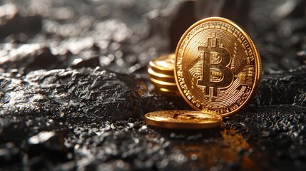 Aufkleber - A bitcoin perched on top of a stack of coins, displaying financial value and investment opportunities.