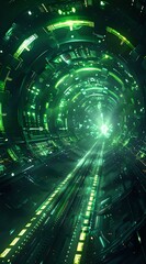 Wall Mural - Futuristic green-lit tunnel, perfect for sci-fi, cyberpunk, and technology-themed content.