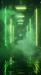 Wall Mural - Futuristic green-lit corridor with fog, perfect for sci-fi, cyberpunk, and technology-themed content.