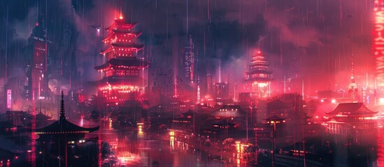 Wall Mural - japanese temple cyberpunk abstract illustration