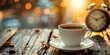 © Аrtranq - Coffee cup steaming on rustic table at sunrise