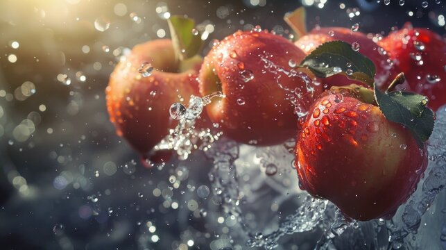 Red Apples Splashed with Water in Sunlight