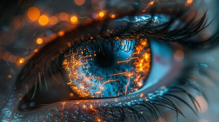 Fototapete - Detailed close-up of a persons cybernetic blue eye with intricate circuitry and glowing elements.