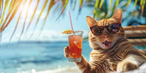 Wall Mural - Vocation Cat Relaxing with Drink on Tropical Beach