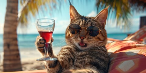 Wall Mural - Vocation Cat with Sunglasses Relaxing on Beach with Drink