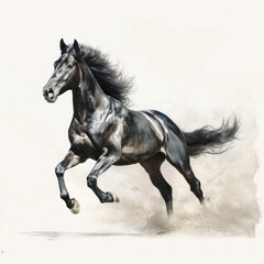 Naklejka na meble A powerful black Arabian horse gallops freely across a white background, its sleek grey body blending with the dust as it races forward. With the start of its motion, it embodies the epitome of speed.