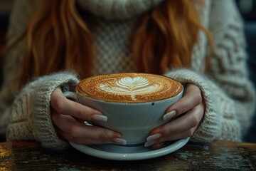 Wall Mural - Close up of a woman's hands holding a smartphone at a coffee shop